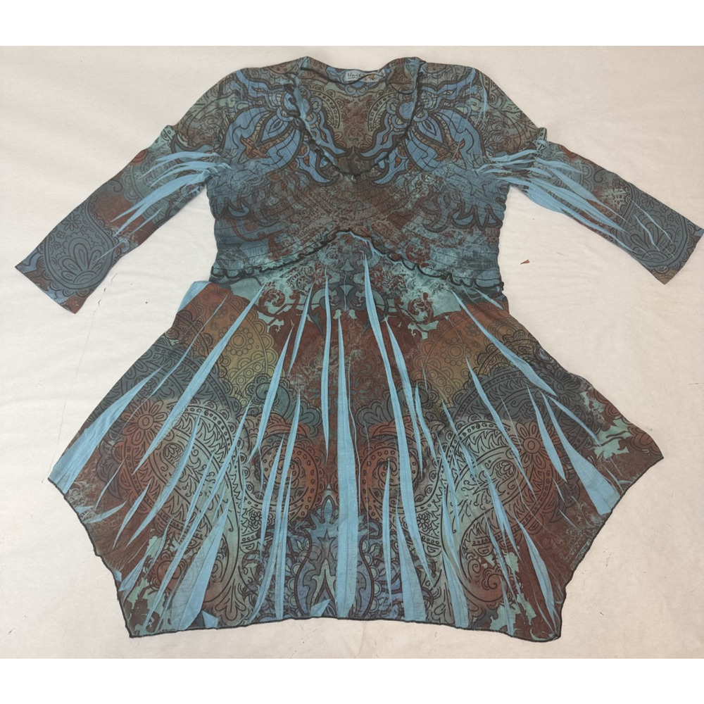 Boho Y2K Mandala Print Asymmetrical Hem Unity Tunic Top Festival Hippie Small